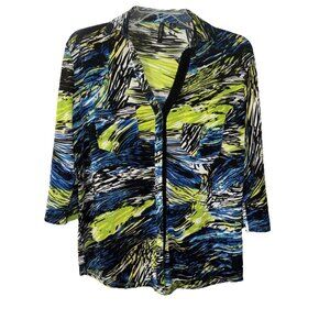 Venini Green Blue Graffiti Button Down Blouse Size Medium
